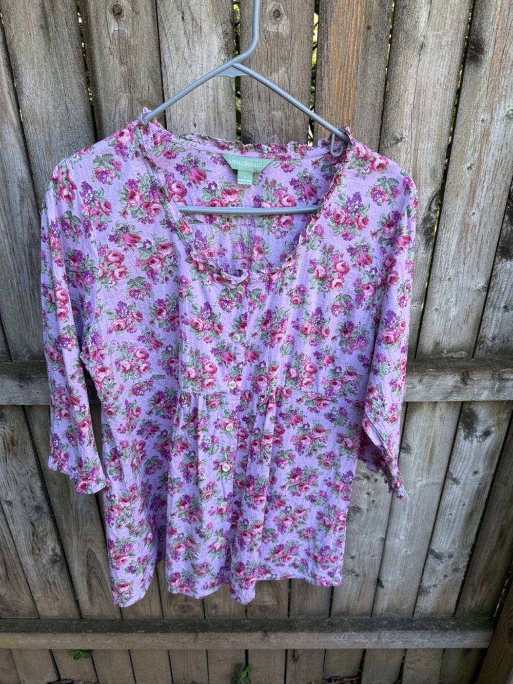 April Cornell Floral Ruffle Trim Scoop Neck Top button front 3/4 sleeve ?VTG L